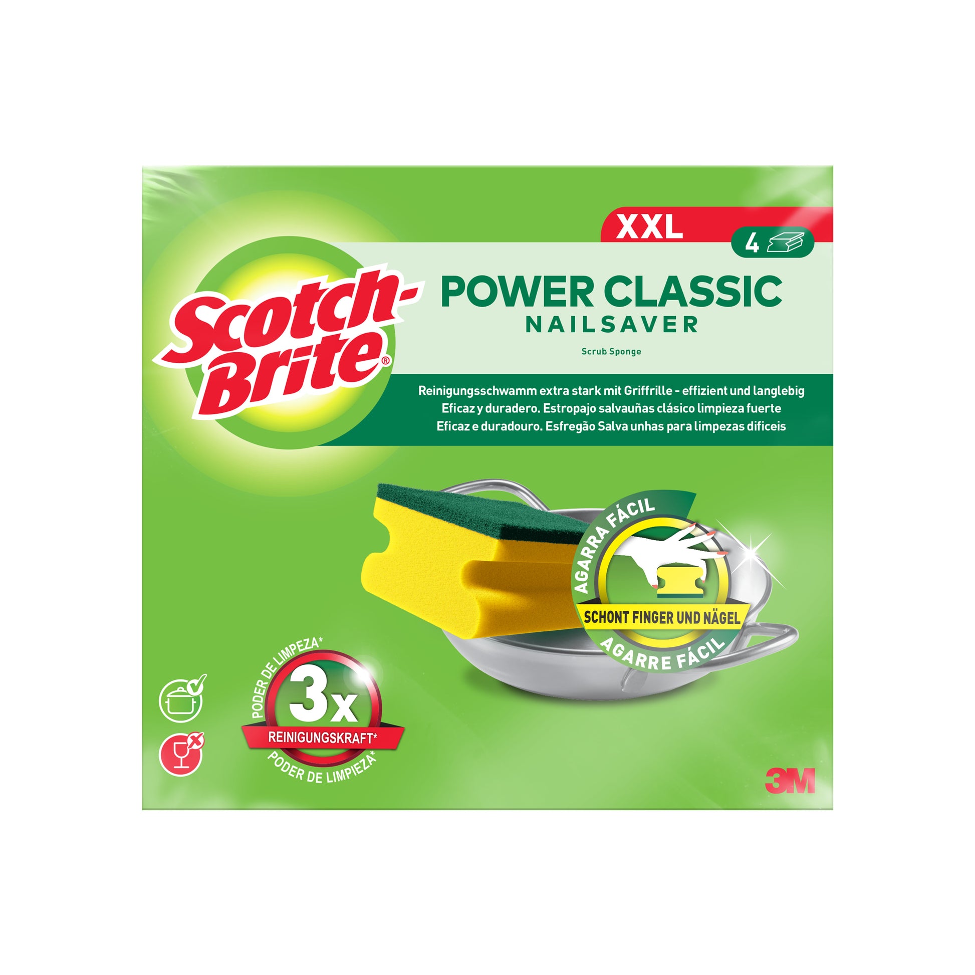 Abgebildet ist eine Packung 3M Deutschland GmbH Scotch-Brite® Classic Griffschwamm XXL mit einer grünen Schachtel mit deutscher Aufschrift und vier Schwämmen (4 Stück pro Packung), die auf Geschirr abgebildet sind.