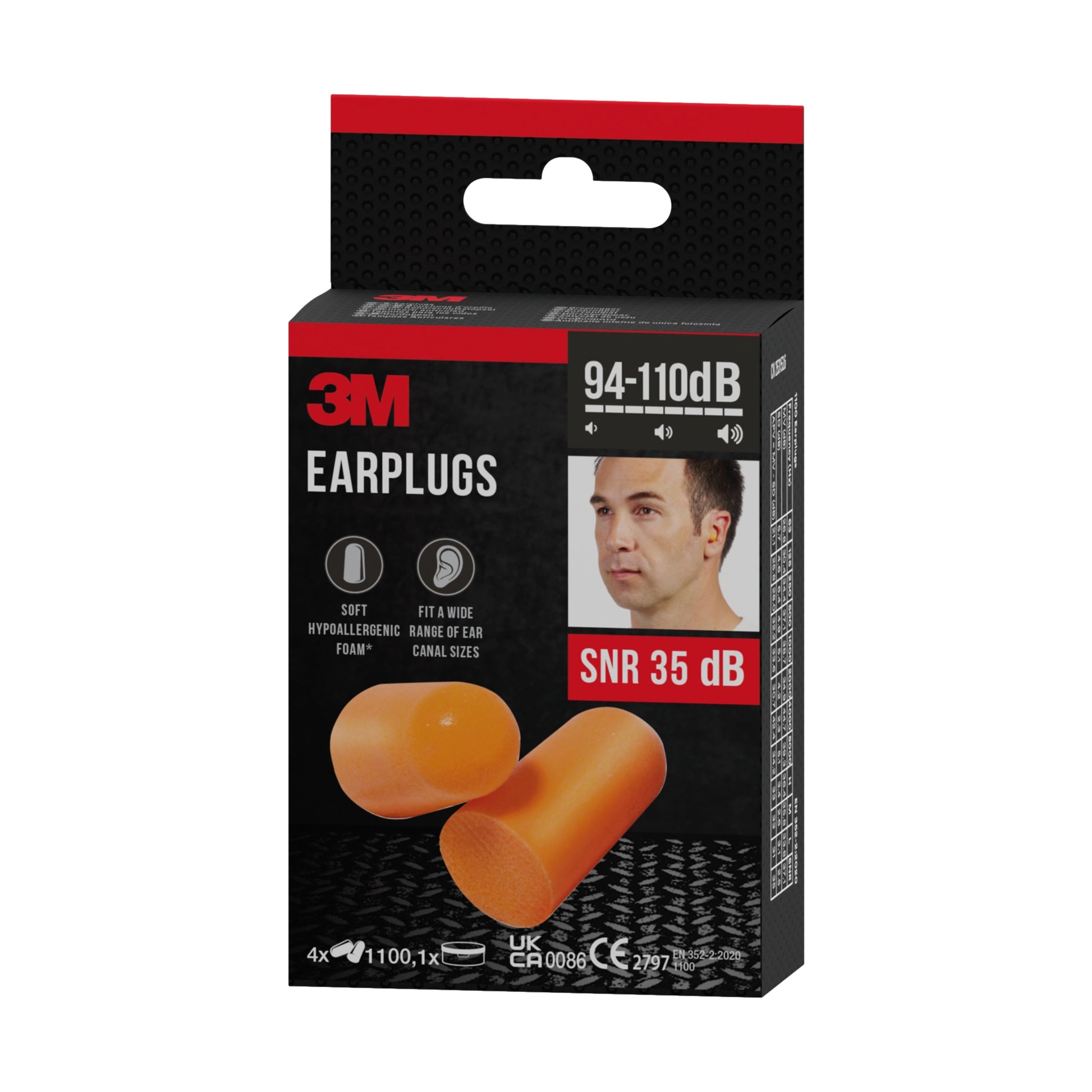 Eine Schachtel 3M™ Gehörschutzstöpsel 1100, Weichschaum, orange von 3M Deutschland GmbH, SNR-Wert 35 dB, dargestellt mit Produktmerkmalen und einem Benutzerfoto auf schwarzem und rotem Hintergrund.