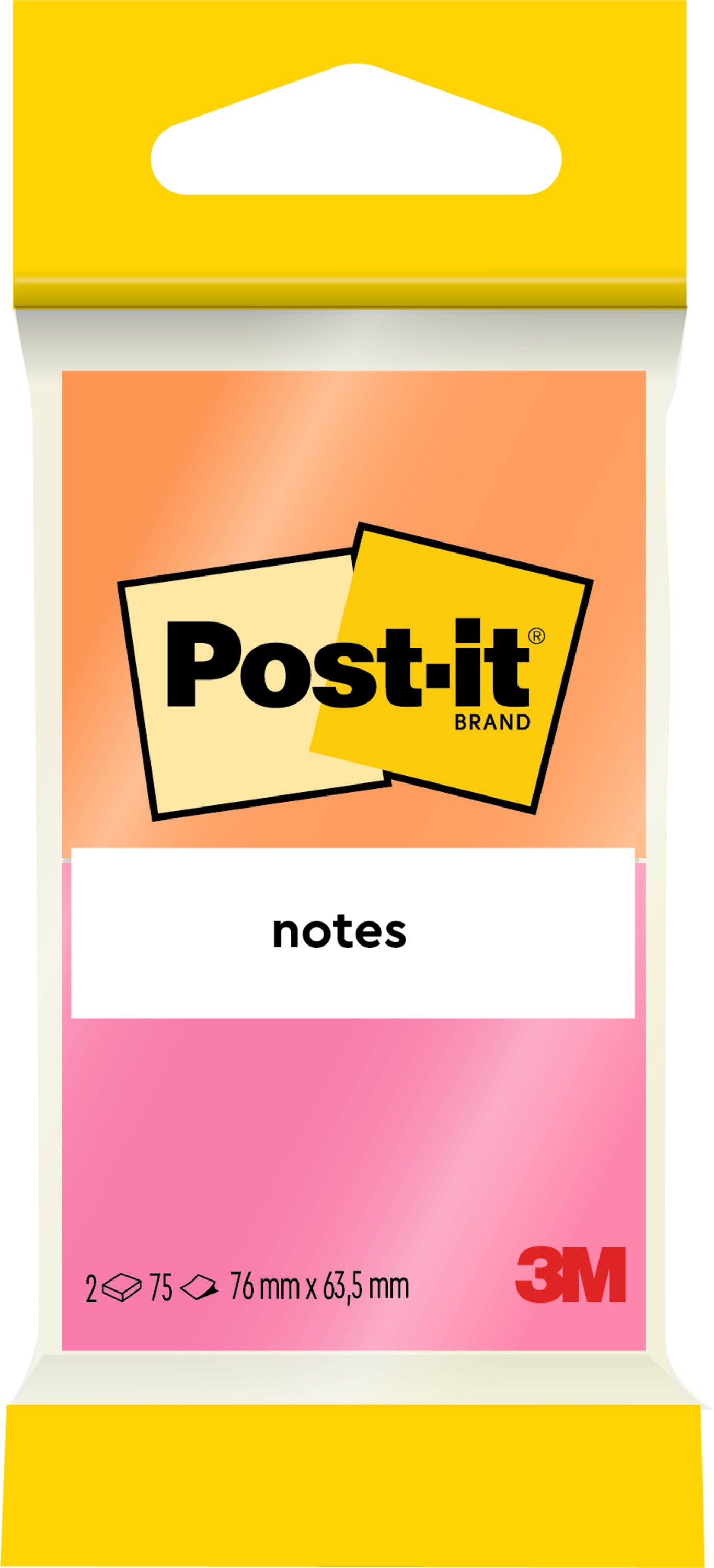 Eine Packung 3M Post-it® Notes, Joyful Collection, 76 x 63,5 mm, 2 Blöcke mit je 75 Blatt, PEFC-zertifiziert (SGSCH-PEFC-COC-110078), mit orange-rosa Design und Markenverpackung.