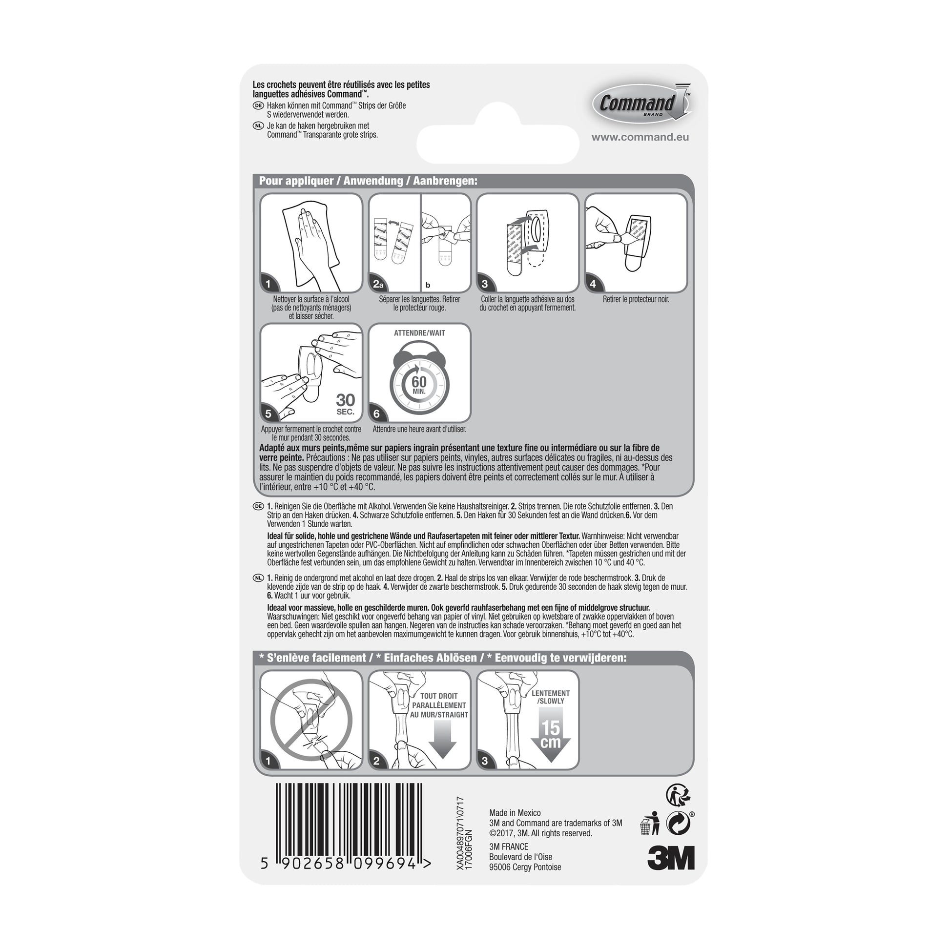 Auf der Rückseite des Command™ Mini-Hakens, 17006 (1 Stück) der 3M Deutschland GmbH befinden sich eine bebilderte Gebrauchs- und Entnahmeanleitung in mehreren Sprachen sowie Sicherheitshinweise, Produktinformationen und ein Barcode am unteren Rand.