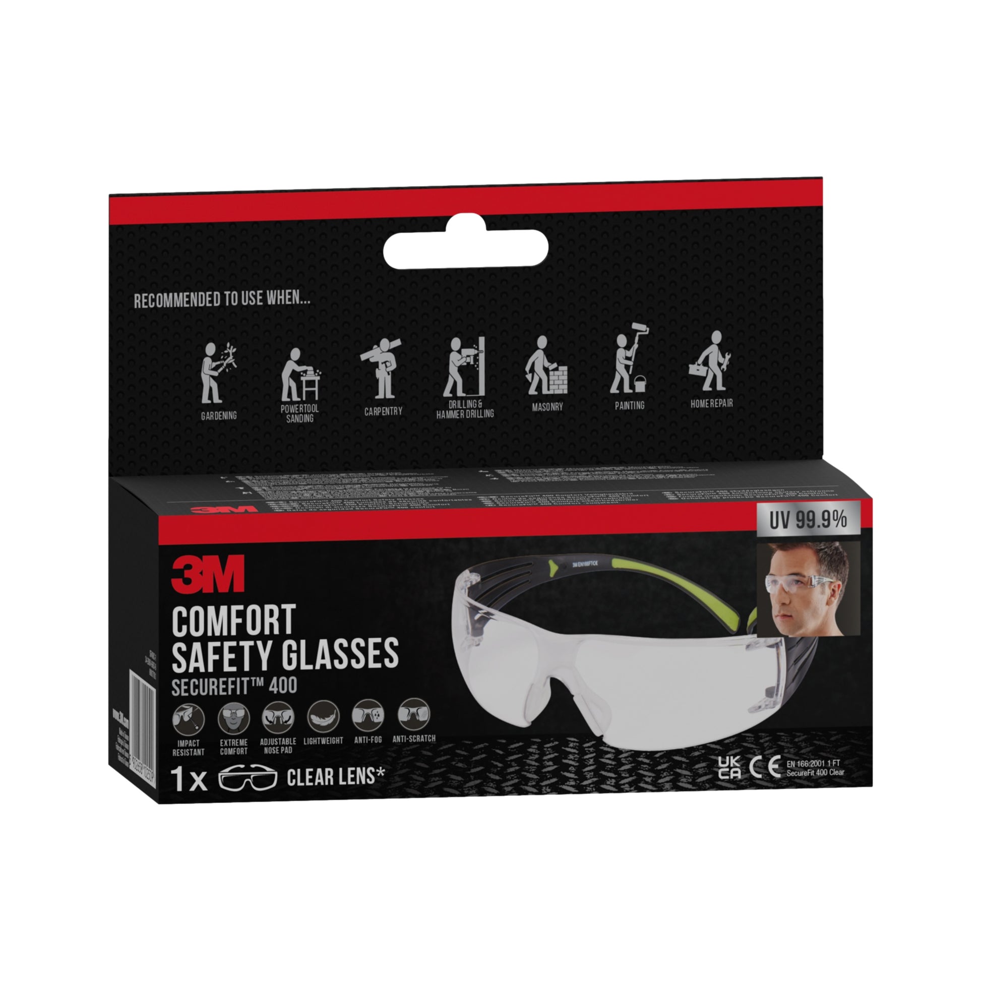Eine Schachtel 3M™ SecureFit™ Schutzbrille 400 von 3M Deutschland GmbH mit klaren Gläsern, die ein Bild und Symbole für die Reinigung und Holzbearbeitung zeigen. Bietet UV-Schutz von 99,9 %.