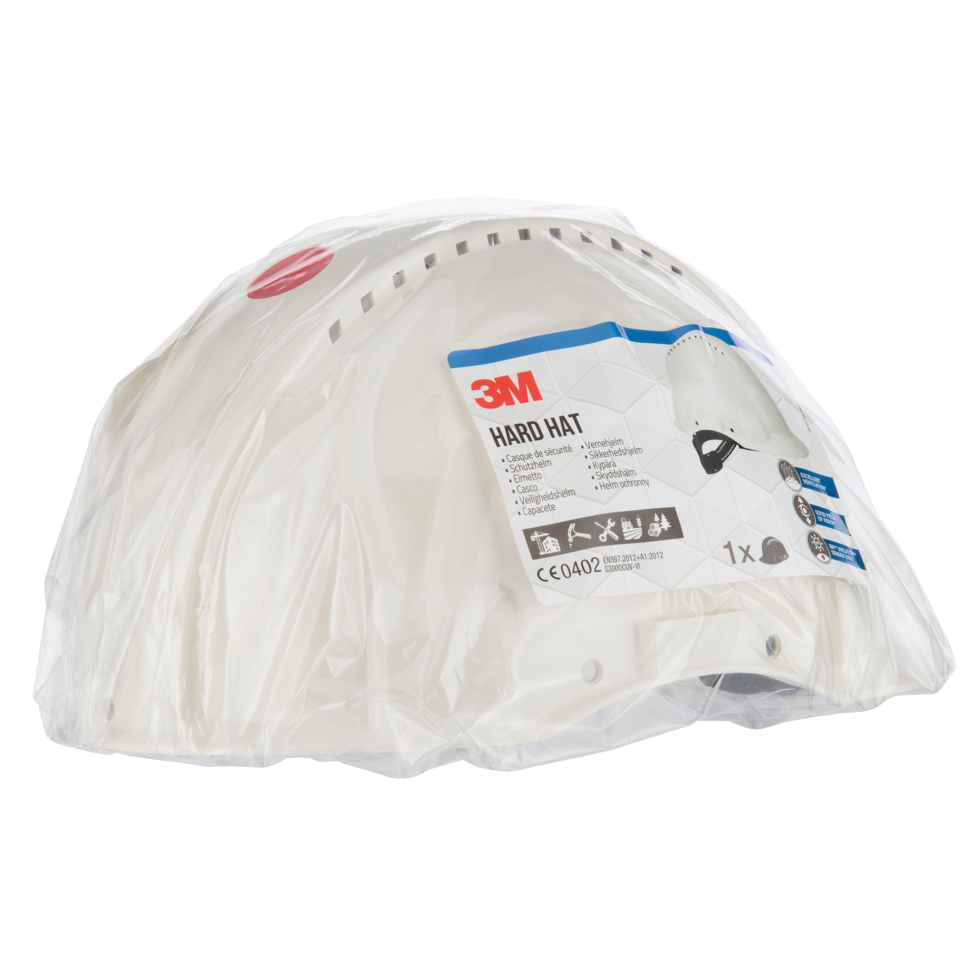 Ein Stapel Schutzhelme der 3M Deutschland GmbH Schutzhelm G3000C Uvicator, verpackt in durchsichtigem Kunststoff mit einem sichtbaren Etikett, auf dem Marke, Produktinformationen, Sicherheitszertifizierungen und ein Uvicator-Sensor für erhöhten Schutz angegeben sind.