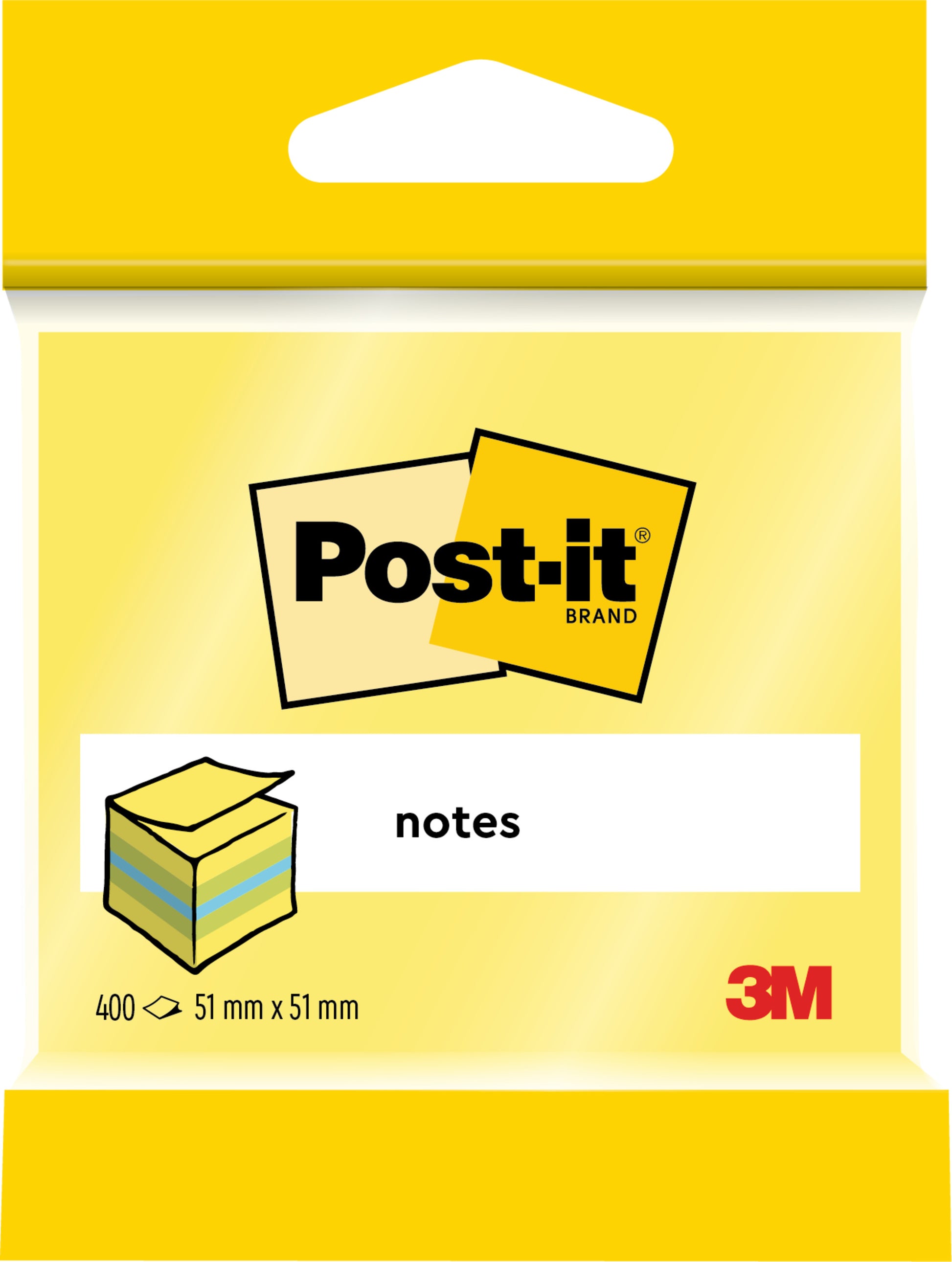 Eine Packung Post-it® Notes Mini Würfel von 3M Deutschland GmbH, 51 mm x 51 mm, 400 Blatt pro Block, in gelber Verpackung mit dem Post-it-Logo und der Abbildung eines Zettelstapels; auf der Vorderseite mit "400", "51 mm x 51 mm" und "notes" beschriftet.