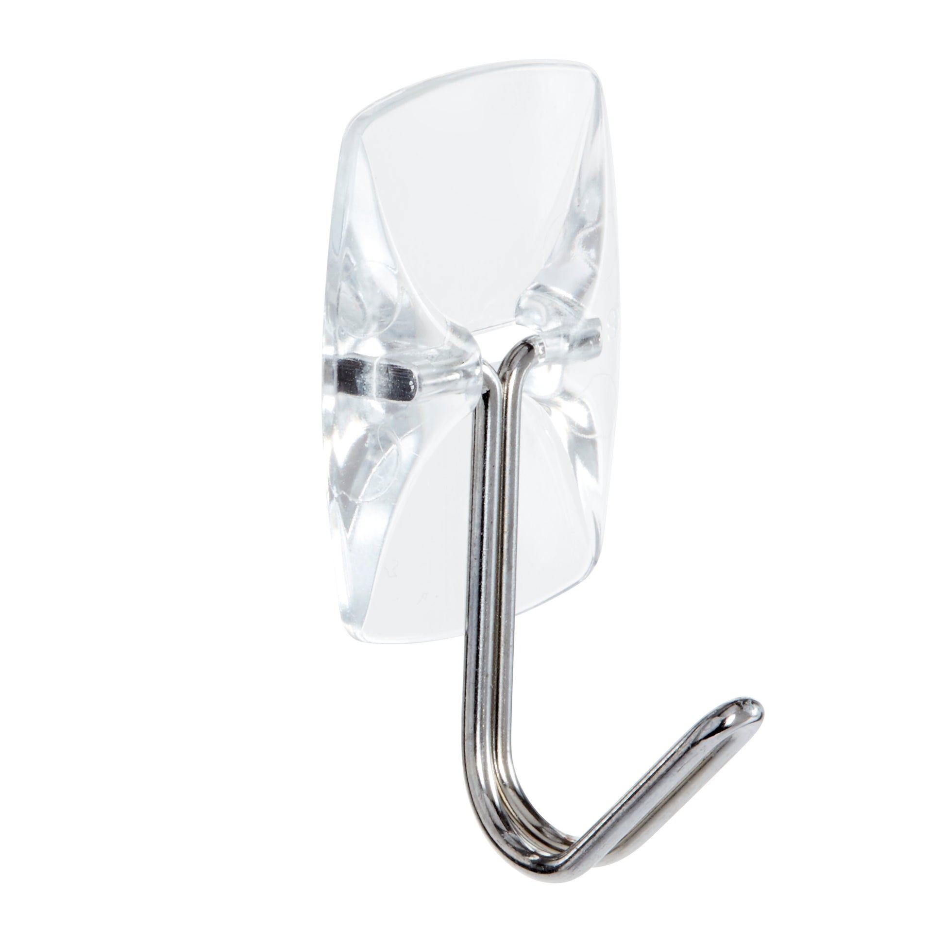 Der Command™ Drahthaken, klein, transparent, mit transparenten Strips von 3M Deutschland GmbH ist ein klarer Wandhaken mit gebogenem Metallhaken, auf weißem Hintergrund abgebildet.