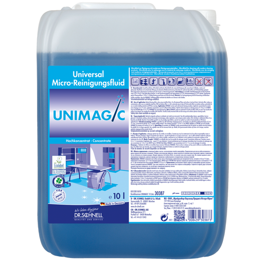 Ein blauer 10-Liter-Kunststoffbehälter von Dr. Schnell UNIMAGIC von DR.SCHNELL GmbH & Co. KGaA, mit detaillierter Produktinformation, deutschen Etiketten und Piktogrammen auf beiden Seiten, mit weißem Schraubverschluss.