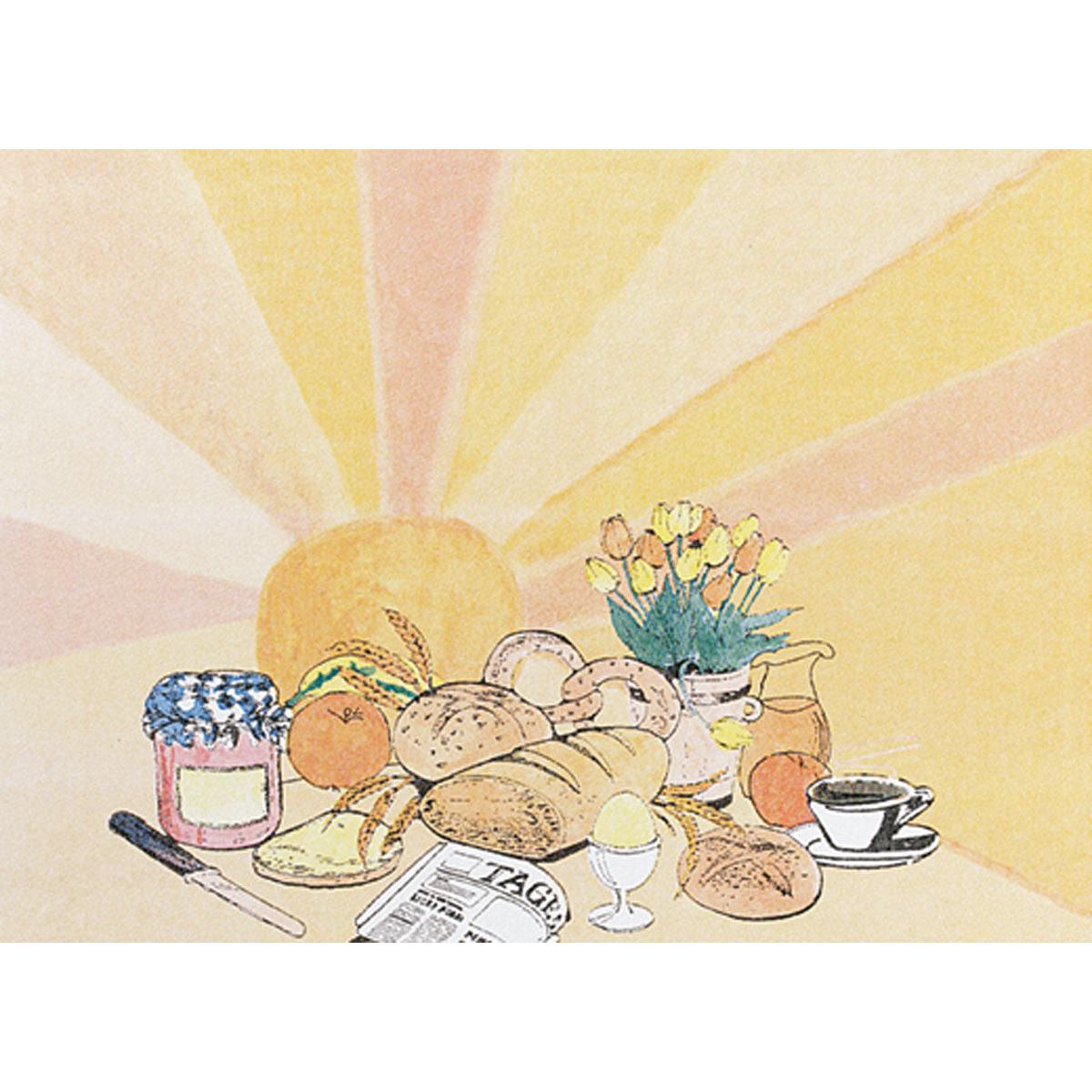 Illustration eines Frühstücks mit Broten, Obst, Kaffee und Tulpen auf Dunicel-Tischsets 30 x 40 cm Ein schöner Tag von Duni GmbH (Packung 100 Stück), vor einem gelben Sonnenstrahl - ideal, um den morgendlichen Tisch zu erhellen.