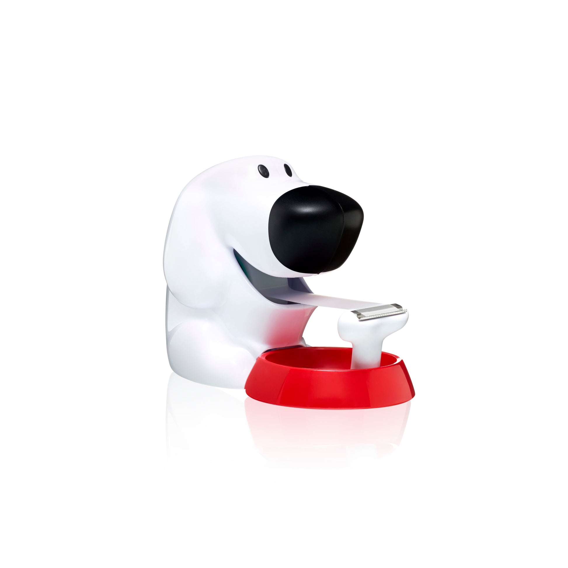 Der Scotch™ Tischabroller im Hunde Design C31 von 3M Deutschland GmbH ist ein weißer, hundeförmiger Abroller mit rotem Sockel und enthält eine Rolle Scotch® Magic™ Klebeband (19 mm x 8,89 m).