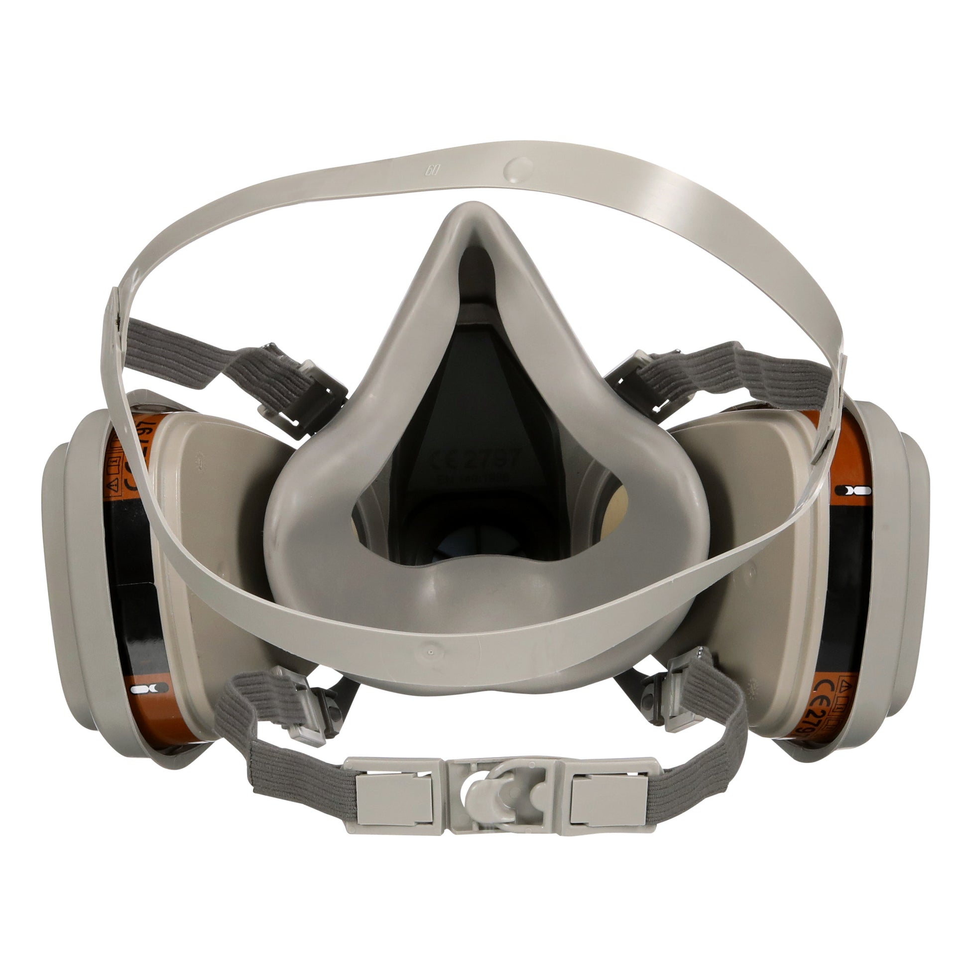 Frontansicht der 3M™ Atemschutzmaske 6002KIT-1 der 3M Deutschland GmbH, einer grauen Doppelpatronen-Atemschutzmaske mit verstellbaren Bändern und angebrachten A2P2-Filterbehältern (1x6200, 2x6055, 2x5925, 2x501).