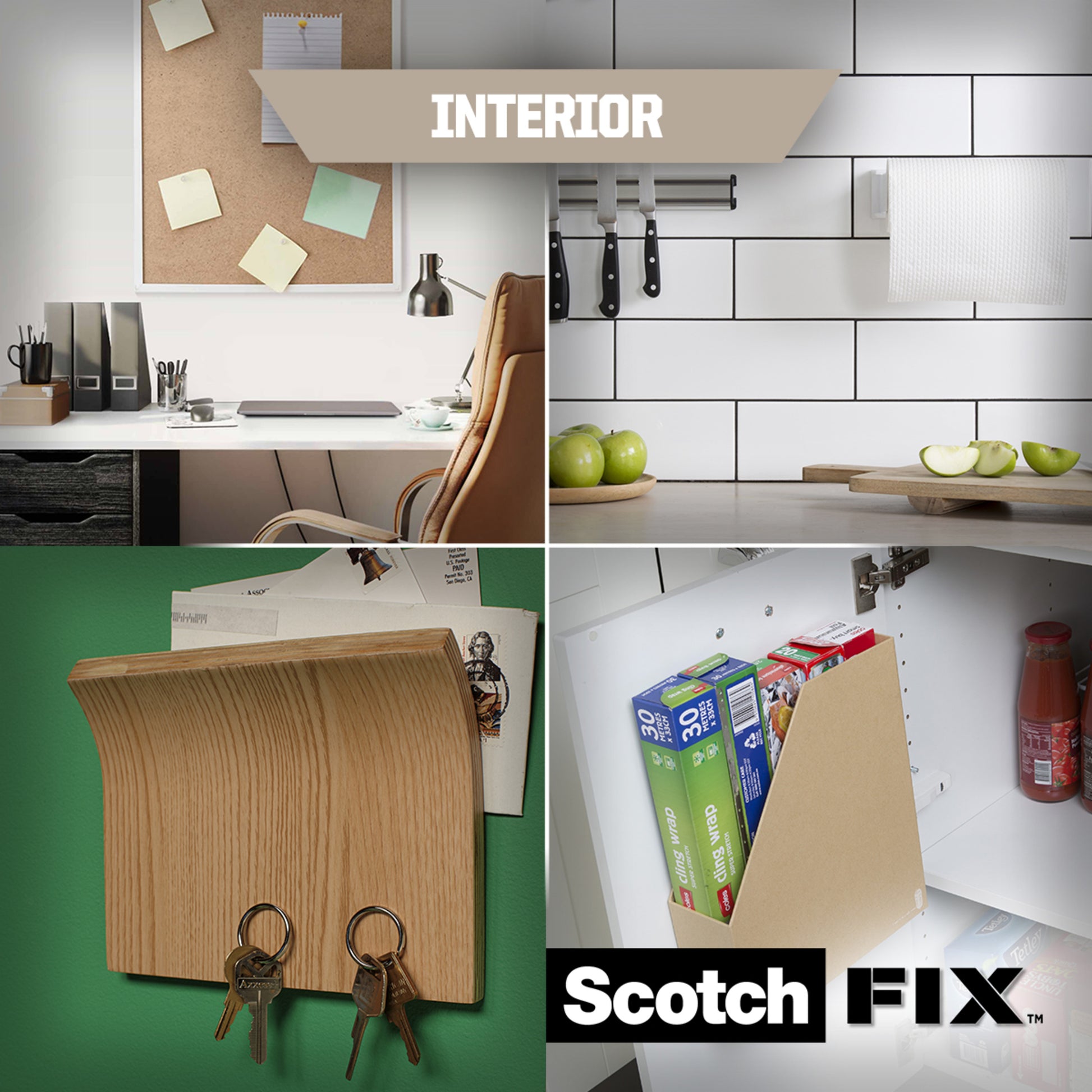 Eine Collage zeigt vier Innenräume: einen aufgeräumten Schreibtisch, Küchenmesser auf einem Wandregal, Schlüssel und Post auf einem Halter und einen Zeitschriftenordner in einem Schrank - allesamt befestigt mit dem Scotch-FIX™ Doppelseitige Innenmontagequadrat der 3M Deutschland GmbH.
