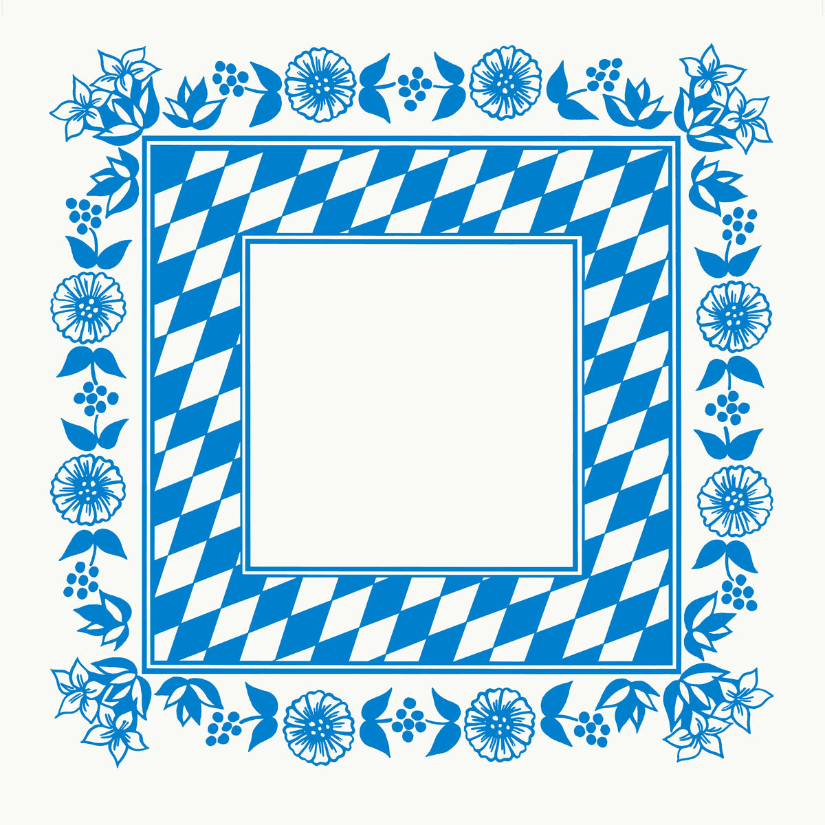 Die Dunicel-Mitteldecken 84 x 84 cm von Duni GmbH zeigen ein blau-weißes bayerisches Rautenmuster mit blauer Blumenbordüre. Die knackig weiße Mitte ist ideal für die Oktoberfest-Dekoration. Erhältlich in Packungen zu 100 Stück.