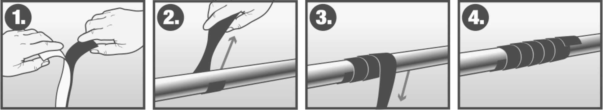 Eine vierstufige Grafik zeigt, wie Hände mit Scotch® selbstverschweißendes Reparaturband GFNSP 4704 (25 mm x 3 m, Schwarz) von 3M Deutschland GmbH einen Mast umwickeln: am Ende beginnen, nach oben abwinkeln, Lagen überlappen und mit mehreren engen Wicklungen abschließen.