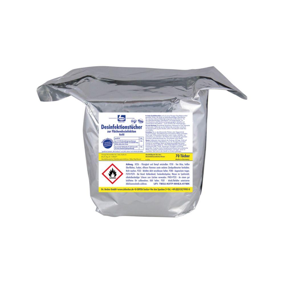 Eine silberne Verpackung mit deutscher Beschriftung und einem roten Warnhinweis „Entzündlich“ enthält 70 Dr. Becher Desinfektionstücher zur Flächendesinfektion der Dr. Becher GmbH, perfekt für die rückstandsfreie Desinfektion alkoholbeständiger Oberflächen.