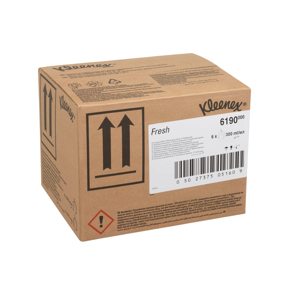 Ein brauner Karton mit der Aufschrift "Kleenex® Duft-Lufterfrischer Nachfüllpackung 6190 | Karton (6 Flaschen)" der Kimberly-Clark GmbH ist mit Symbolen, Warnhinweisen und einem weißen Barcode-Aufkleber versehen - ideal für die Aufbewahrung von Raumerfrischungsprodukten.