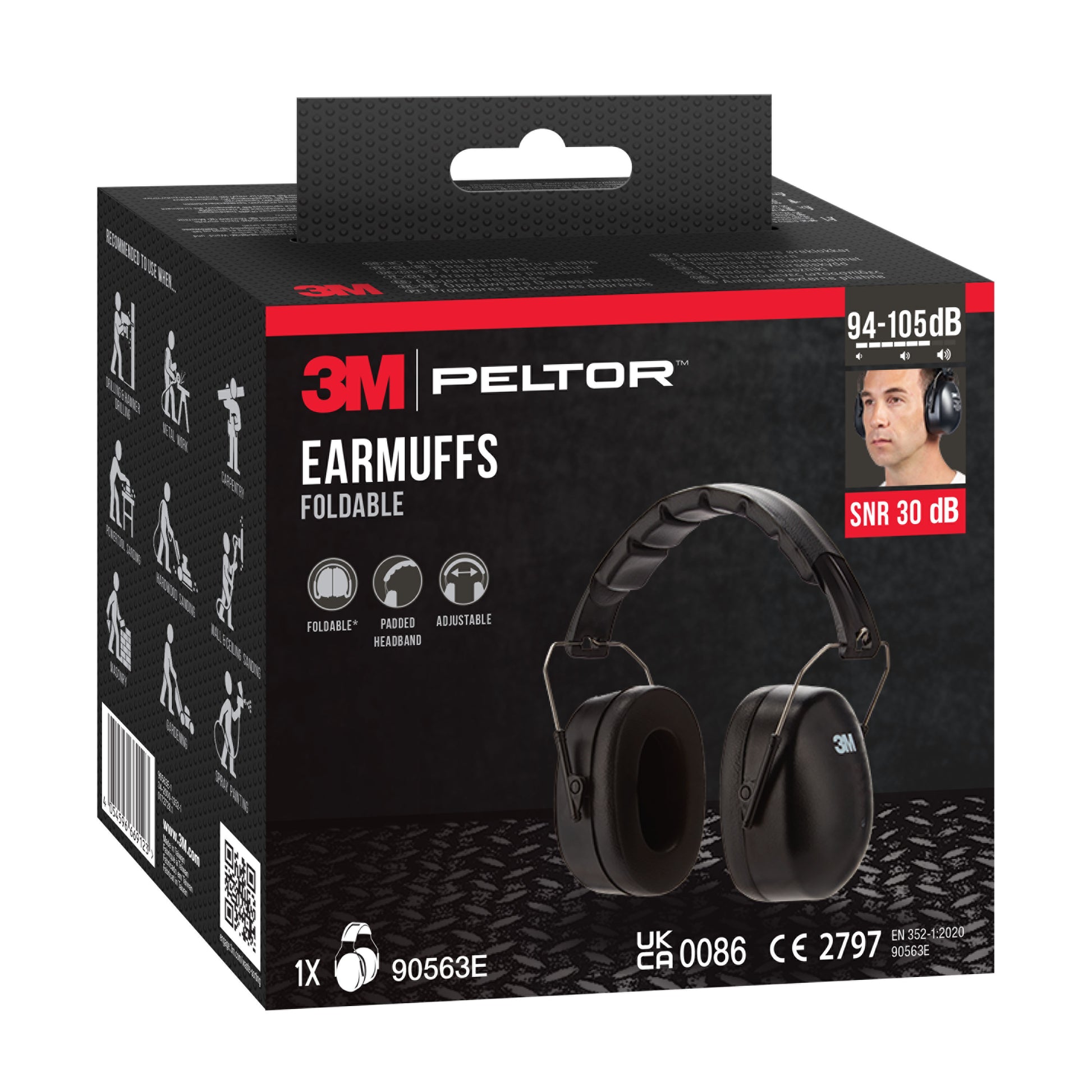 Eine Verkaufsverpackung für 3M™ Kapselgehörschützer mit faltbarem Kopfbügel 90563E (SNR 30 dB, Schwarz, 1 Stück) von 3M Deutschland GmbH zeigt ein Produktfoto, Merkmale, ein Benutzerbild, eine Geräuschreduzierungsstufe und Zertifizierungen.