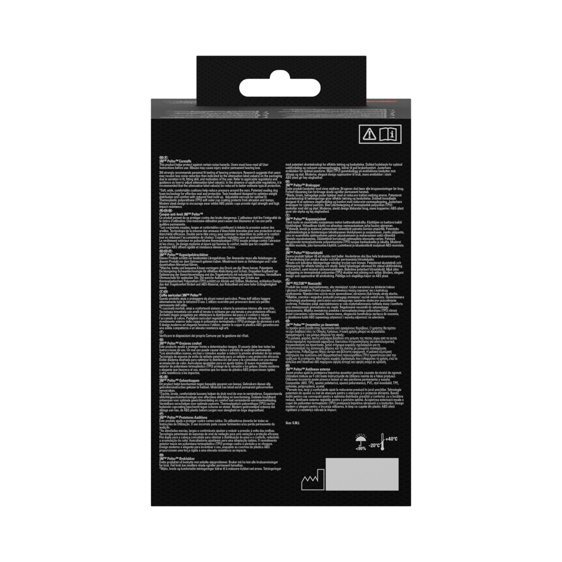 Die Rückseite einer schwarzen 3M™ PELTOR™ Komfort-Kapselgehörschutz-Verpackung der 3M Deutschland GmbH zeigt mehrsprachige weiße Textblöcke, Symbole oben rechts und einen kleinen Barcode unten rechts, wobei der meiste Text aufgrund der Bildauflösung nicht lesbar ist.