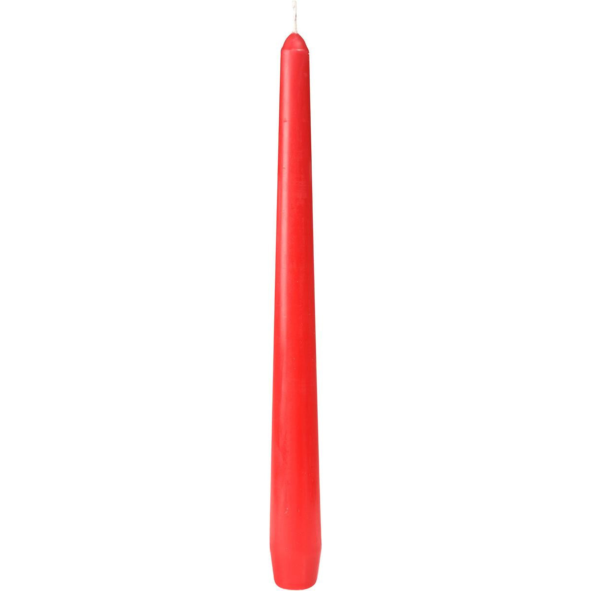 Eine hohe, unbeleuchtete rote Duni GmbH Leuchterkerze (ca. 7h Brenndauer, 250 x 22 mm) mit spitzer Spitze und sichtbarem Docht steht aufrecht vor einem weißen Hintergrund.