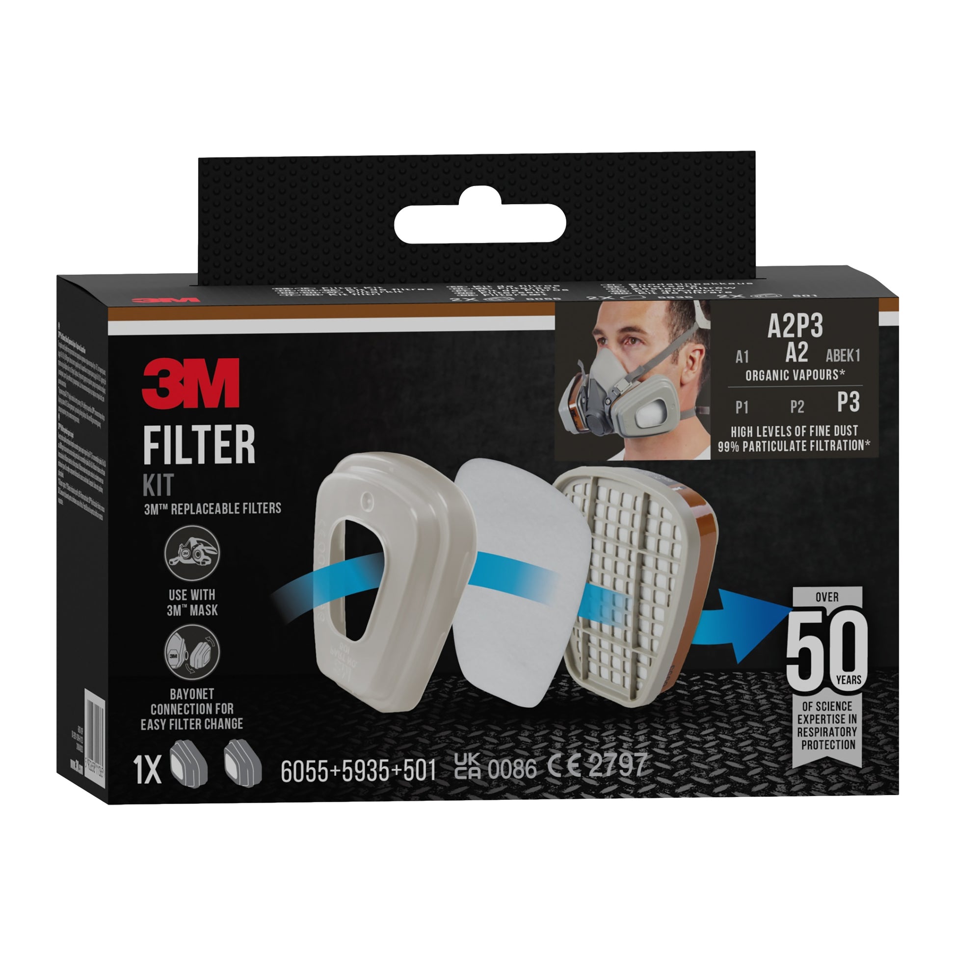 Eine Schachtel des 3M™ Filtersatzes 6003-1SP von 3M Deutschland GmbH mit Filterdiagrammen, Branding, einem maskierten Benutzer und Text, der die Kompatibilität, die technischen Daten und die über 50-jährige professionelle Verwendung hervorhebt.