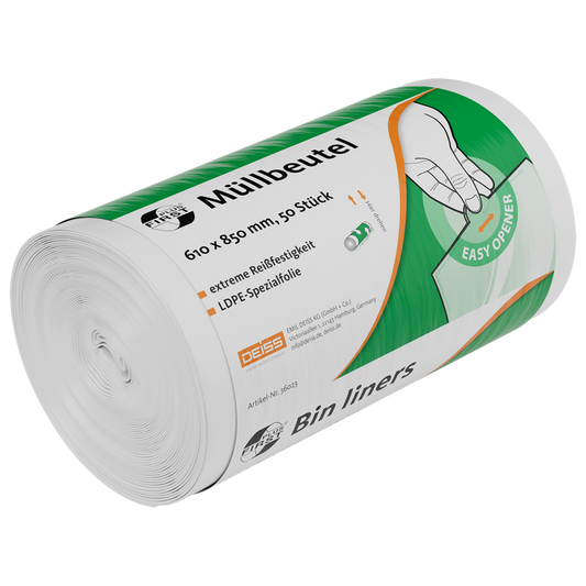 Eine Rolle EMIL DEISS KG (GmbH + Co.) DEISS 36023 Müllbeutel (610x850 mm, weiß, 50 Stück) in robuster Verpackung mit deutsch/englischem Text. Sie sind leicht zu öffnen, extrem reißfest und mit LDPE-Spezialfolie ausgestattet.