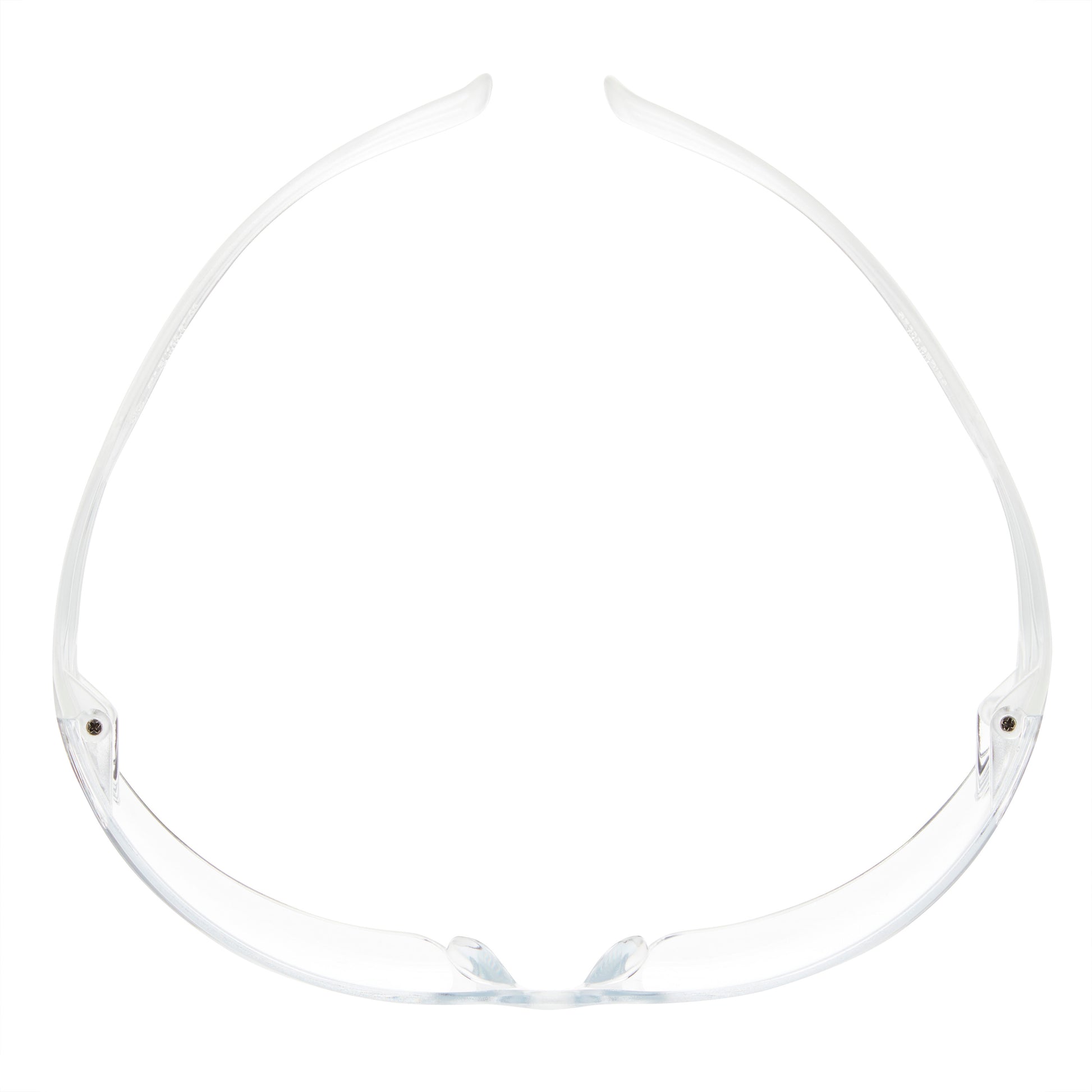 Die 3M™ SecureFit™ Schutzbrille 200 der 3M Deutschland GmbH ist von oben zu sehen, mit gebogenen, transparenten Kunststoffrahmen und Gläsern auf weißem Hintergrund.