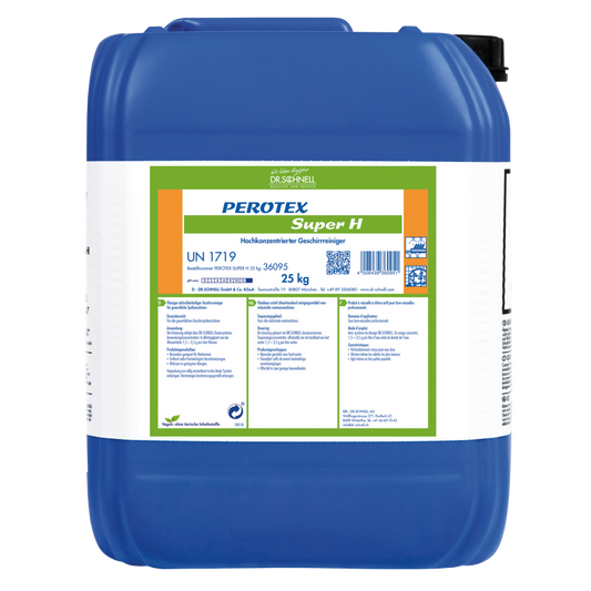 Ein großer blauer Kunststoffbehälter mit weißem Etikett trägt die Aufschrift "Dr. Schnell PEROTEX SUPER H" von DR.SCHNELL GmbH & Co. KGaA, Sicherheitshinweise und eine Gebrauchsanweisung. Dieser 25-kg-Reiniger ist für den professionellen Gebrauch bestimmt.