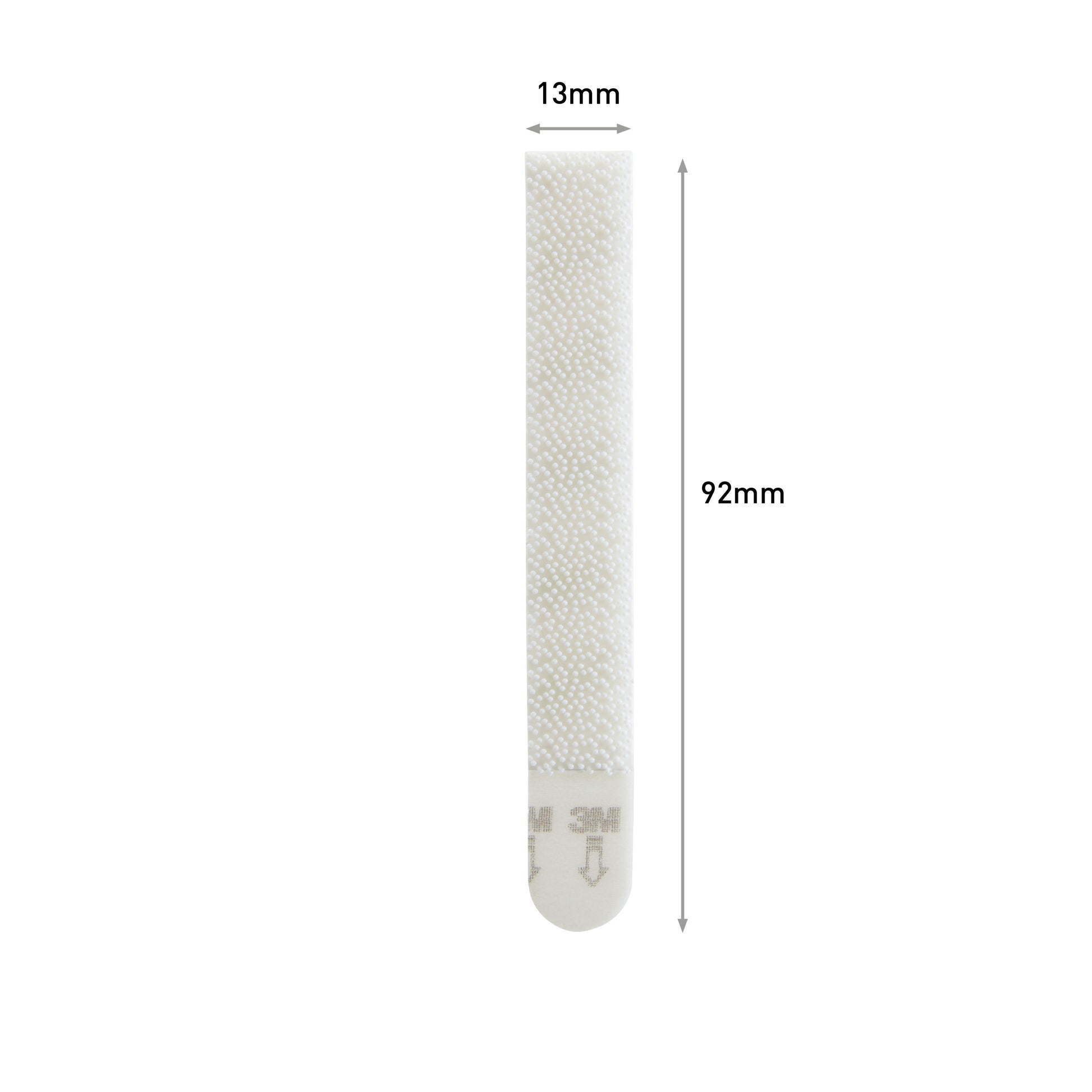 Ein einzelner Schmale Command™ Bilder-Montage Strip (M) 17207 von 3M Deutschland GmbH ist vertikal mit einer strukturierten weißen Oberfläche abgebildet und misst 13 mm x 92 mm. "3M" und Pfeile sind am unteren Ende aufgedruckt. Packung (1 Stück).