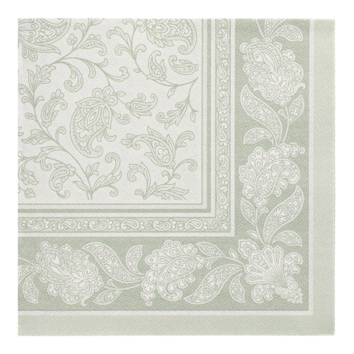 Verleihen Sie Ihrer Tafel Eleganz mit den PAPSTAR 50 Servietten "ROYAL Collection" 1/4-Falz (40 x 40 cm, grün) der PAPSTAR GmbH mit hellgrün-weißem Paisley-Blumenmuster und dekorativer Bordüre - ideal für festliche Anlässe.
