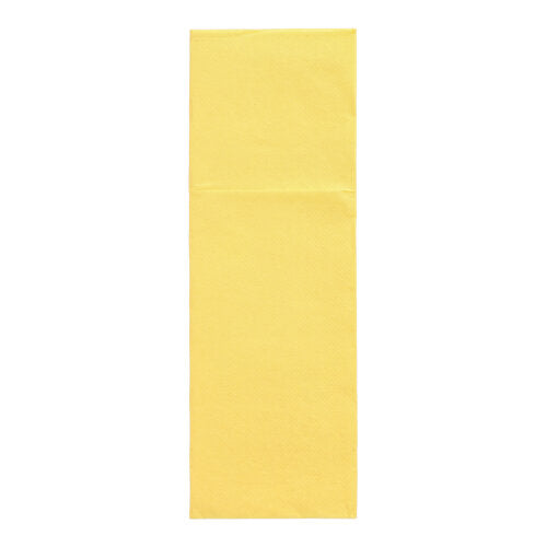 Eine rechteckige gelbe Papierserviette aus der PAPSTAR 50 Servietten „DAILY Collection“ (48 cm x 30 cm, Besteckfalz) der PAPSTAR GmbH, ungefaltet und auf weißem Hintergrund präsentiert.