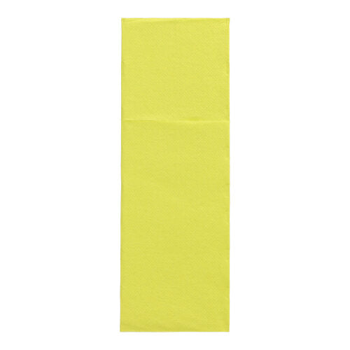 Eine einzelne gelbe rechteckige Serviette aus der PAPSTAR 50 Servietten „DAILY Collection“ (48 x 30 cm, Besteckfalz) der PAPSTAR GmbH ist vertikal auf weißem Untergrund abgebildet und wirkt glatt mit einer leichten oberen Falte.