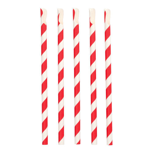 Fünf rot-weiße PAPSTAR-Papier-Löffelhalme „Stripes“ (Ø 10 mm, 23 cm) sind vertikal auf weißem Untergrund angeordnet. Durch ihr auffälliges diagonales Spiralmuster eignen sie sich ideal für Smoothies, Milchshakes oder Cocktails.