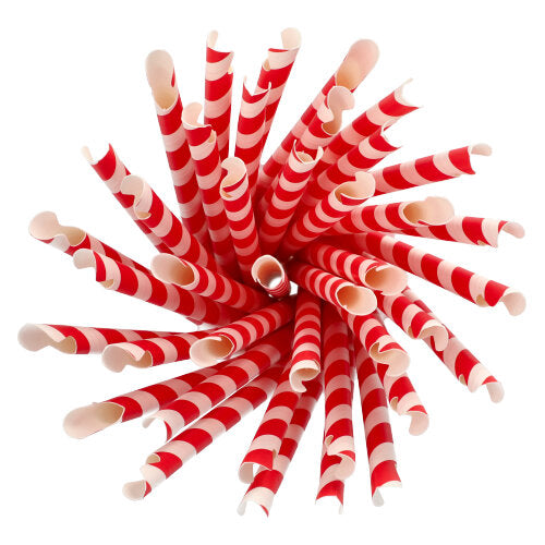 Draufsicht auf PAPSTAR 200 Trinkhalme mit Löffel Papier Ø 10 mm · 23 cm rot/weiß „Stripes“ (200 Stück) von PAPSTAR GmbH, kreisförmig angeordnet mit Öffnungen nach oben – ideal für Smoothies, Milchshakes und Cocktails.