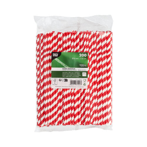 Eine Klarsichtverpackung der PAPSTAR GmbH enthält 200 flexible rot-weiße Papiertrinkhalme „Stripes“ (Ø 6 mm, 22 cm). Die ungeöffnete Verpackung (von oben betrachtet) trägt auf der Vorderseite ein grün-weißes Produktetikett.