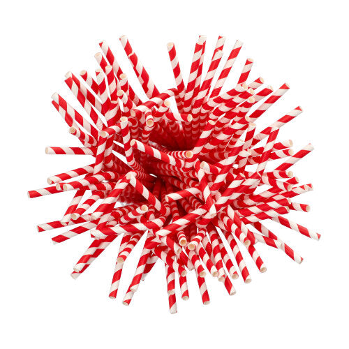 In der Draufsicht sind PAPSTAR 200 Papiertrinkhalme Ø 6 mm, 22 cm, rot/weiss "Stripes" flexibel der PAPSTAR GmbH übersichtlich in einem runden Behälter angeordnet, wobei die offenen Enden der Strohhalme nach oben zeigen.