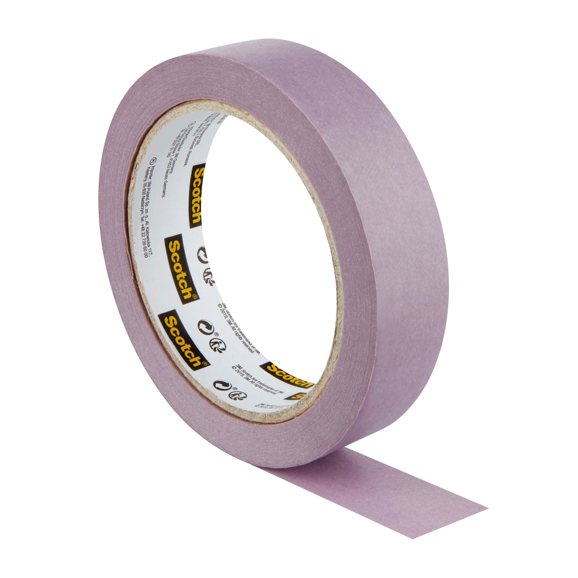 Eine Rolle Scotch® Malerabdeckband für empfindliche Oberflächen (24 mm x 41 m, 1 Rolle, 100% PEFC) von 3M Deutschland GmbH mit einer kurzen Länge ausgerollt, dargestellt auf weißem Hintergrund.