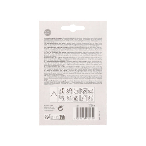 Auf der Rückseite einer PAPSTAR Jubiläumskerzen mit Halter 7 cm "18"-Verpackung der PAPSTAR GmbH befinden sich mehrsprachige Hinweise, Sicherheitshinweise und Symbole auf weißem Hintergrund mit schwarzer und grauer Schrift sowie ein Barcode und ein Recycling-Symbol am unteren Rand.