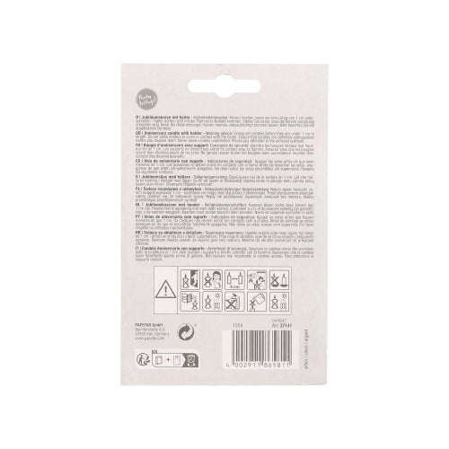 Auf der Rückseite der PAPSTAR Jubiläumskerzen mit Halter 7 cm "18" von PAPSTAR GmbH befinden sich Hinweise und Warnungen in mehreren Sprachen, Warn- und Recyclingsymbole, ein Barcode am unteren Rand, alles in schwarzer Schrift auf weißem Grund.