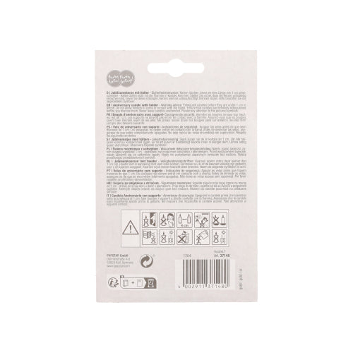 Die Abbildung zeigt die Rückseite einer PAPSTAR Jubiläumskerzen mit Halter 7 cm "60"-Verpackung der PAPSTAR GmbH mit mehrsprachigem Text, Sicherheitssymbolen, einem Barcode am Boden, weißer Verpackung mit schwarzem Text und einer Aufhängevorrichtung für die Präsentation.