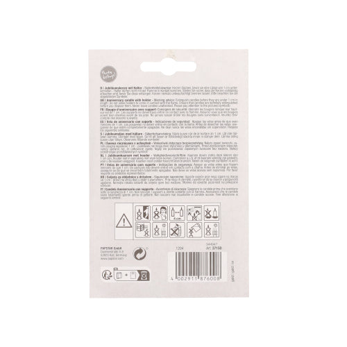 Die Rückseite der PAPSTAR Jubiläumskerzen mit Halter 7 cm "70" von PAPSTAR GmbH zeigt auf weißem Hintergrund graue Anleitungen, Symbole, Barcodes, Warnsymbole und eine Aufhängelasche in mehreren Sprachen.