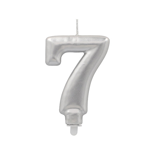 Die PAPSTAR Zahlenkerze mit Halter 7 cm "7" der PAPSTAR GmbH ist eine silberne Geburtstagskerze mit einem Docht an der Spitze, abgebildet auf einem weißen Hintergrund.