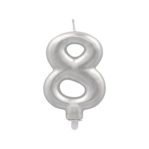 Die PAPSTAR Zahlenkerze mit Halter 7 cm "8" der PAPSTAR GmbH ist eine silber-metallicfarbene Zahlenkerze mit Spitzendocht, abgebildet auf einem schlichten weißen Hintergrund.
