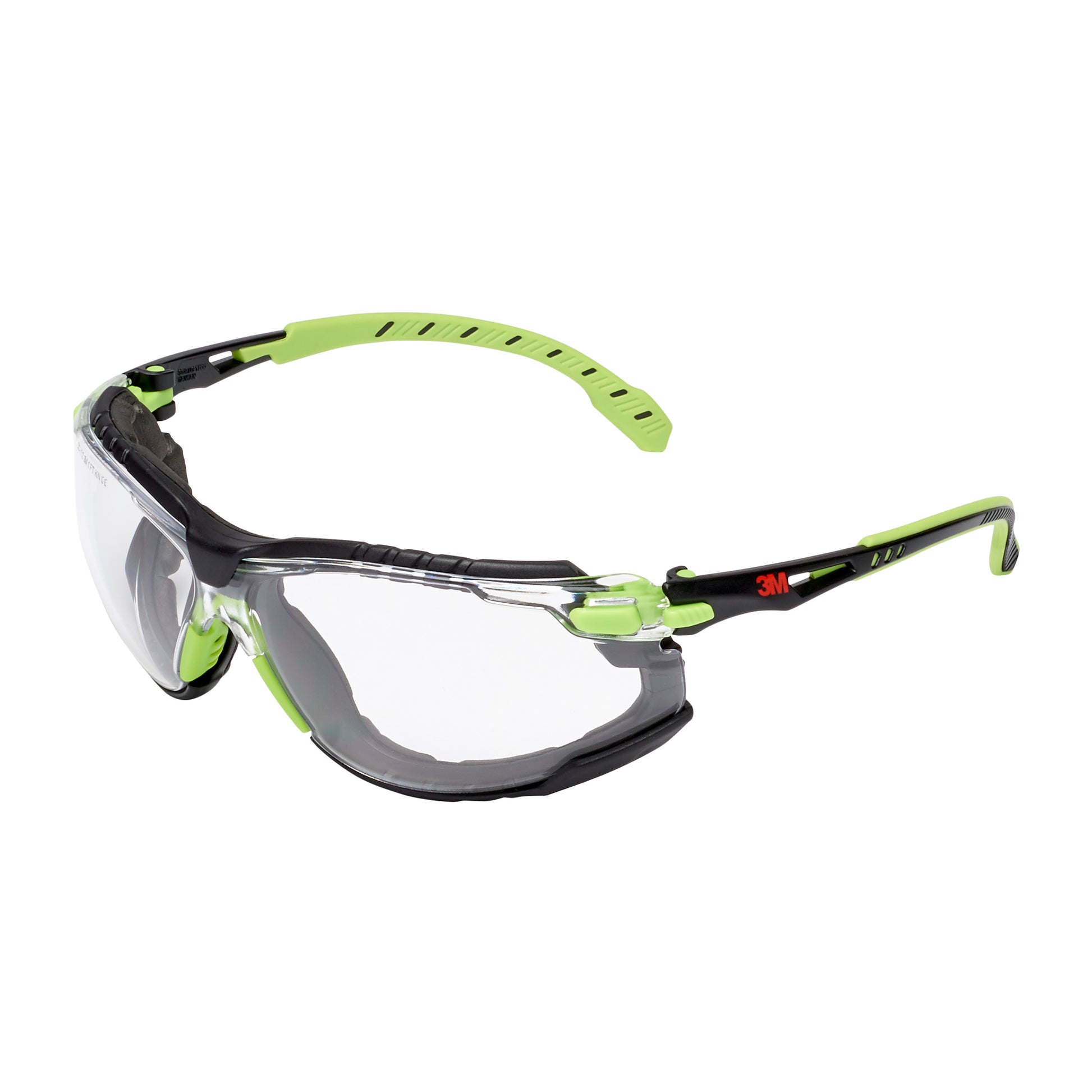 Die 3M™ Solus™ Schutzbrille 1000 der 3M Deutschland GmbH verfügt über klare Gläser, grüne und schwarze Bügel, ein Wraparound-Design, konturierte Kunststoffrahmen mit belüfteten Bügelenden und Scotchgard™ Antibeschlag-Beschichtung.