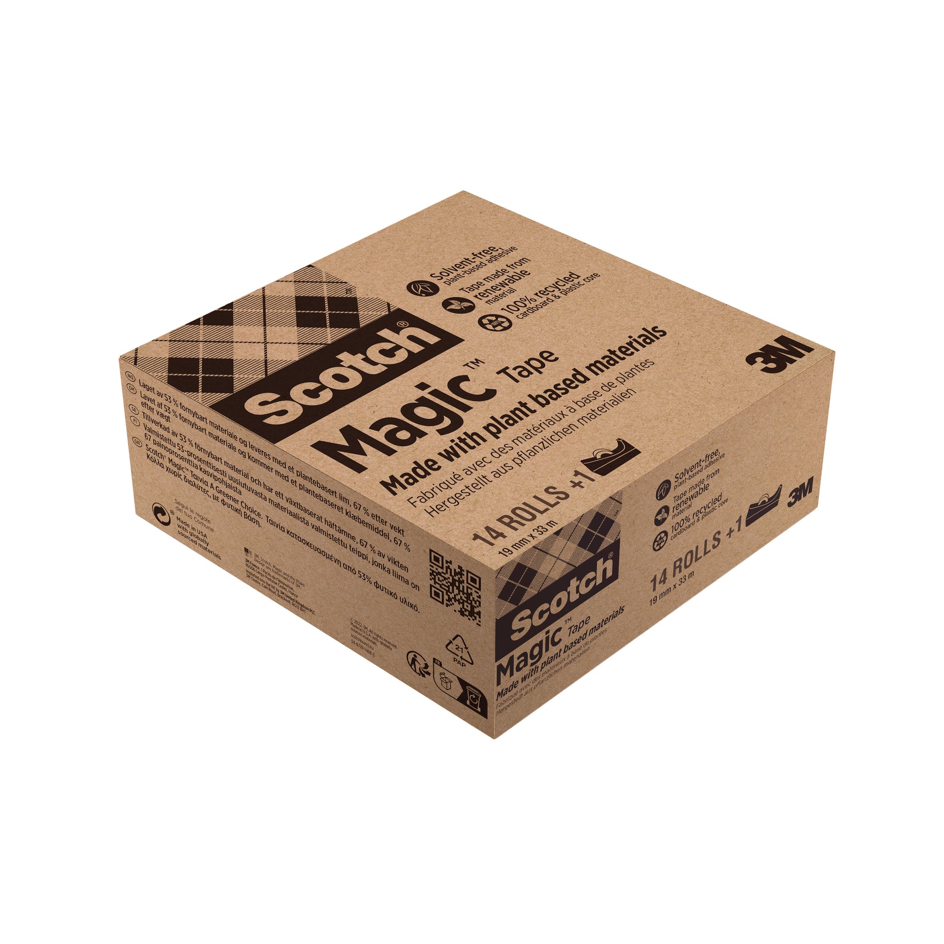 Eine Schachtel Scotch® Magic™ Klebeband von 3M Deutschland, hergestellt mit 66 % pflanzlichem Klebstoff, enthält 14 Rollen (19 mm x 33 m) sowie einen KOSTENLOSEN schwarzen C38 Klebebandabroller. Branding und Produktdetails befinden sich auf der Verpackung.