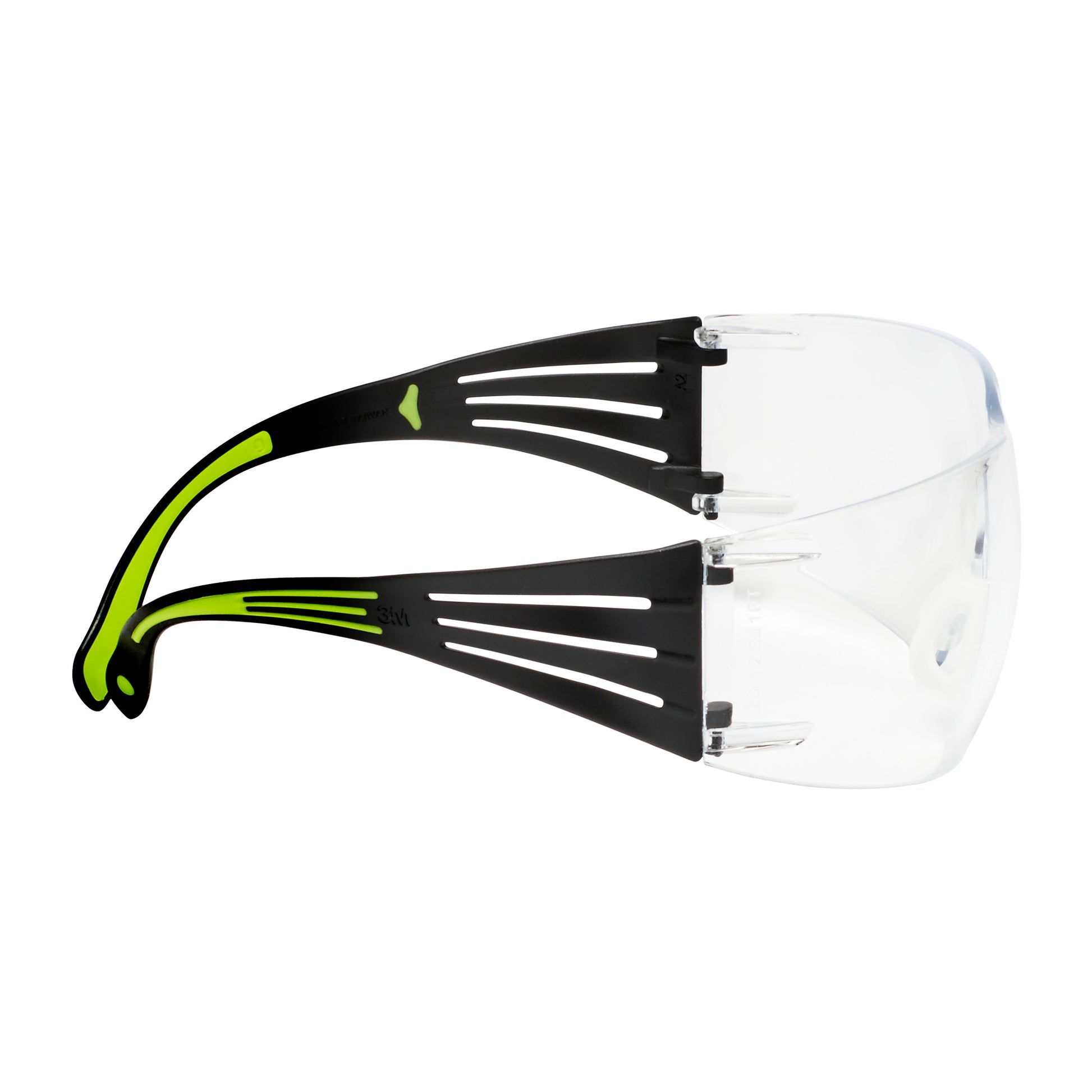 Seitenansicht der 3M™ SecureFit™ Schutzbrille 400 clear von 3M Deutschland GmbH, mit schwarzem und neongelbem Rahmen, geschlitzten, belüfteten Bügeln und transparenten Gläsern.