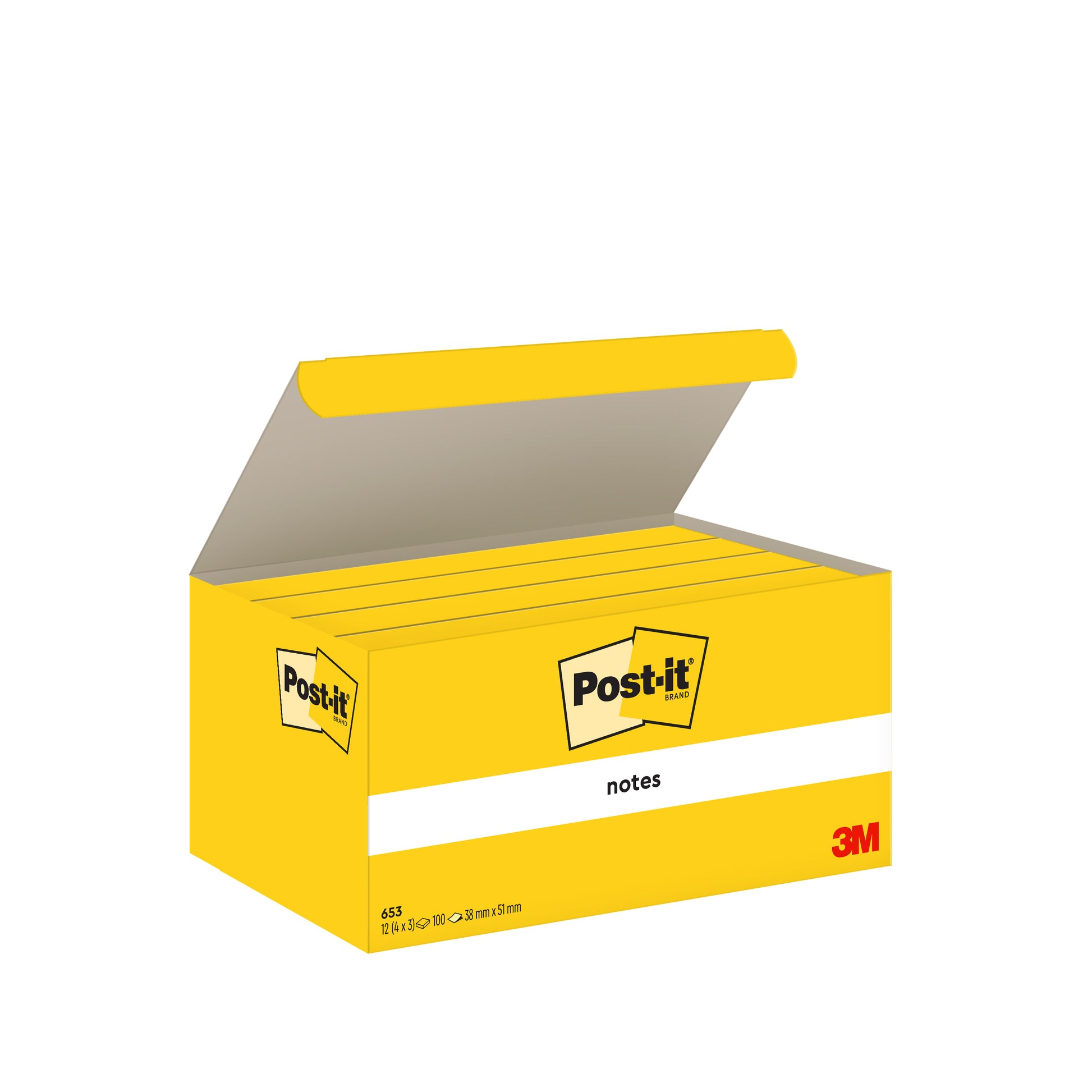 Eine geöffnete gelbe Schachtel mit Post-it® Notes (38 mm x 51 mm, 3 Blöcke à 100 Blatt) der 3M Deutschland GmbH zeigt gestapelte Blöcke. Auf der Kartonverpackung sind das Post-it- und das 3M-Logo abgebildet. Hergestellt aus 100% PEFC-zertifiziertem Papier.