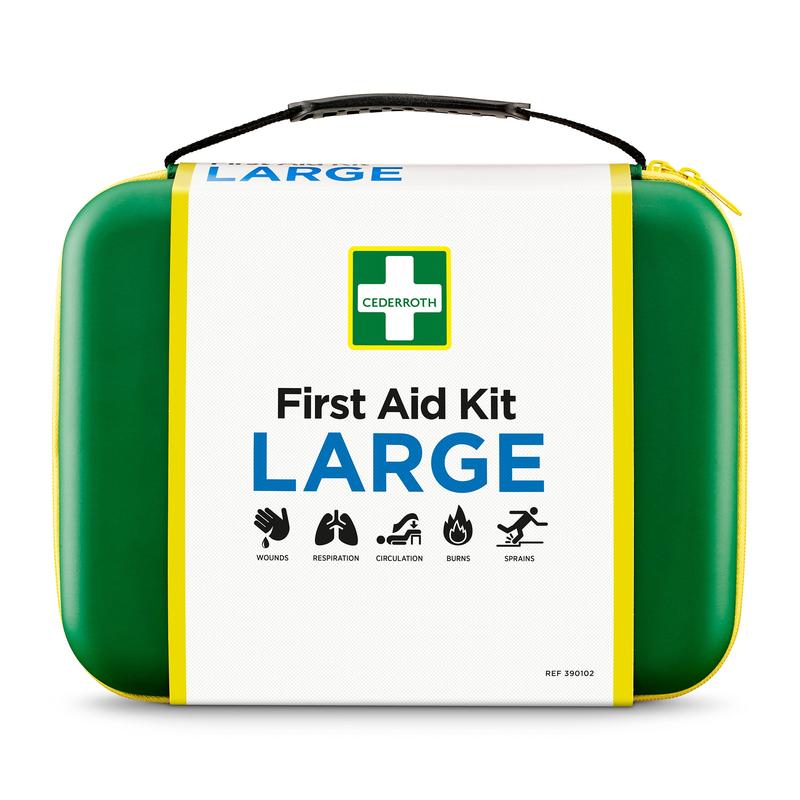Der grün-gelbe Orkla Wound Care AB Erste-Hilfe-Kasten GROSS (1 Stück) verfügt über Wund-, Beatmungs-, Kreislauf-, Verbrennungs- und Verstauchungssymbole auf der Vorderseite sowie über einen schwarzen Griff und ein weißes Etikett für eine schnelle Notfallhilfe.