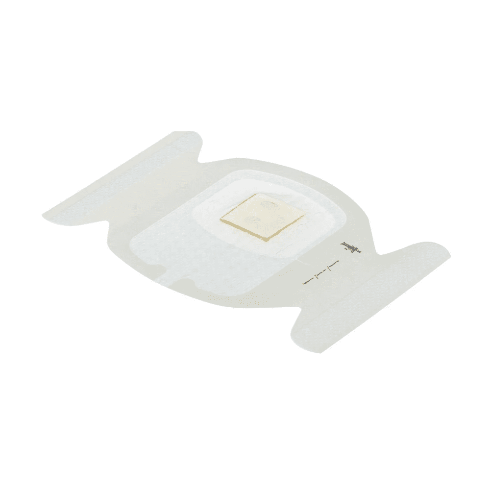 Der 3M Tegaderm CHG Chlorhexidingluconat I.V. Fixierverband (7 x 8,5 cm) von Solventum Germany GmbH ist ein transparenter antimikrobieller Verband mit einem zentralen weißen Pad und Sensor auf einem schlichten weißen Hintergrund, der zur Reduzierung von Katheterinfektionen beitragen soll.