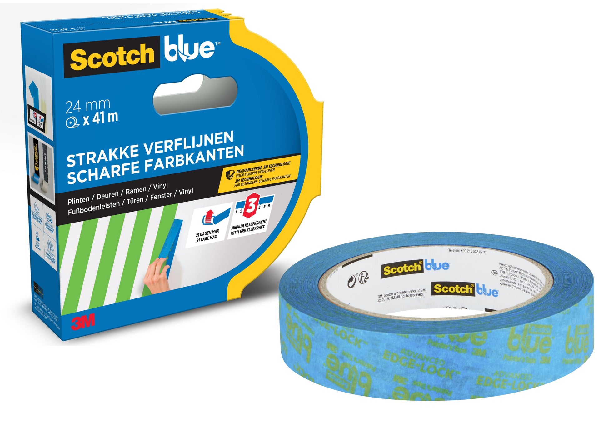 Eine Rolle ScotchBlue™ Malerabdeckband für scharfe Linien von 3M Deutschland GmbH (24 mm x 41 m) liegt neben der mehrsprachigen Verpackung, die seine Fähigkeit, scharfe Farblinien zu erzeugen, hervorhebt.
