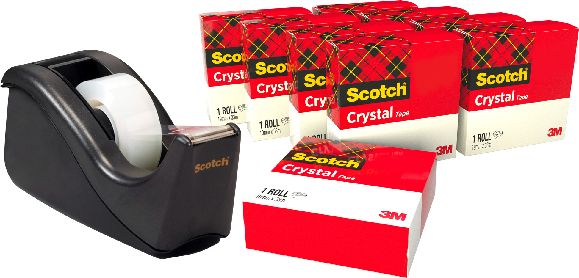 Ein schwarzer Scotch™ C60 Klebebandabroller mit einer Rolle steht neben einer Packung mit 10 Rollen Scotch® Crystal Tape (19 mm x 33 m) der 3M Deutschland GmbH.