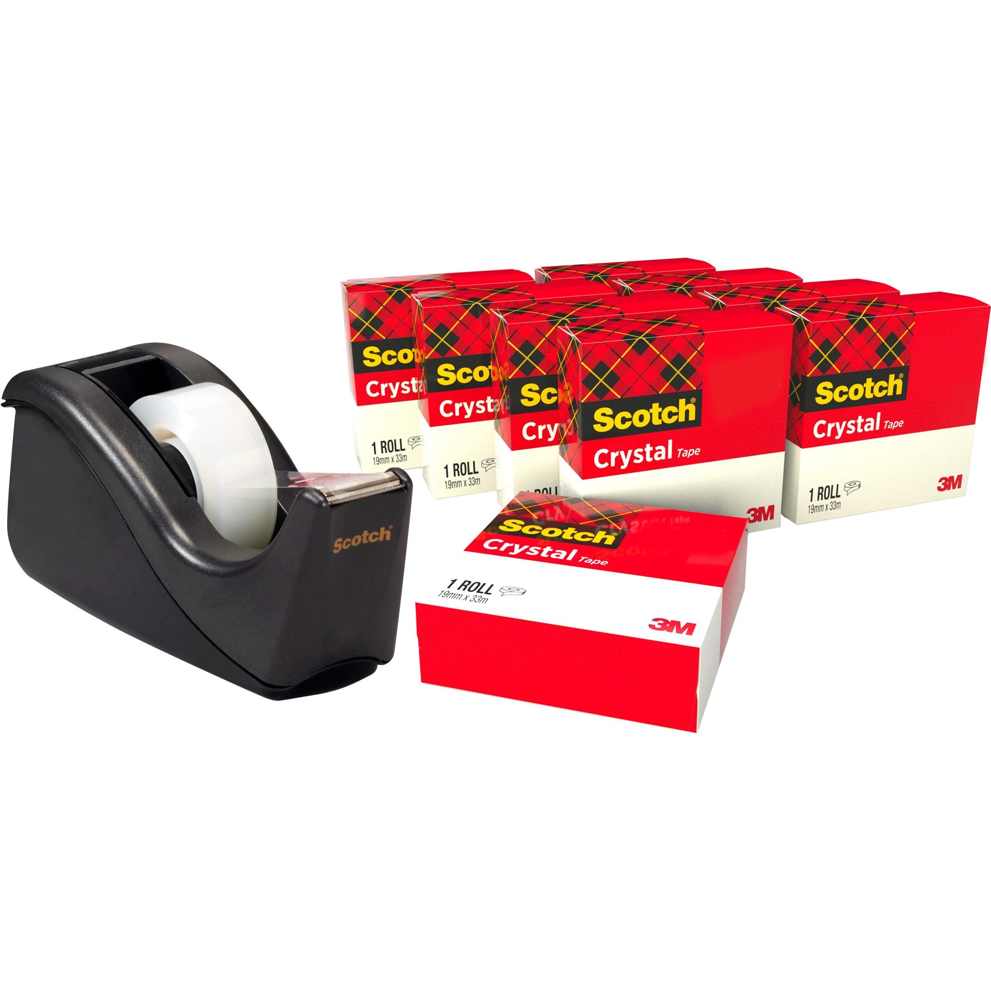 Ein schwarzer Scotch™ C60 Klebebandabroller mit einer Rolle steht neben einer Packung mit 10 Rollen Scotch® Crystal Tape (19 mm x 33 m) der 3M Deutschland GmbH.