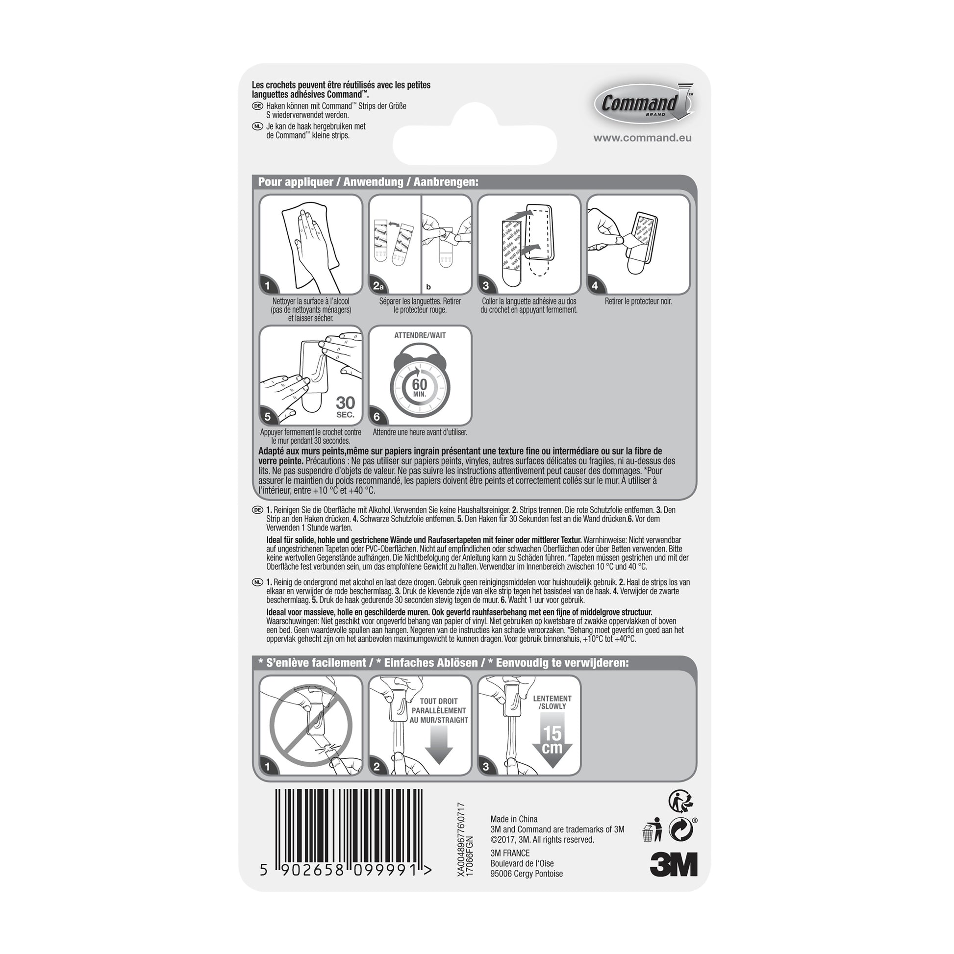 Auf der Rückseite des Command™ Mini-Hakens, Packung 17066 (1 Stück) sind die Anbringungs-/Entfernungsschritte auf Französisch, Deutsch und Niederländisch abgebildet. Hersteller: 3M Deutschland GmbH. Mit Barcode und 3M Logo an der Unterseite.