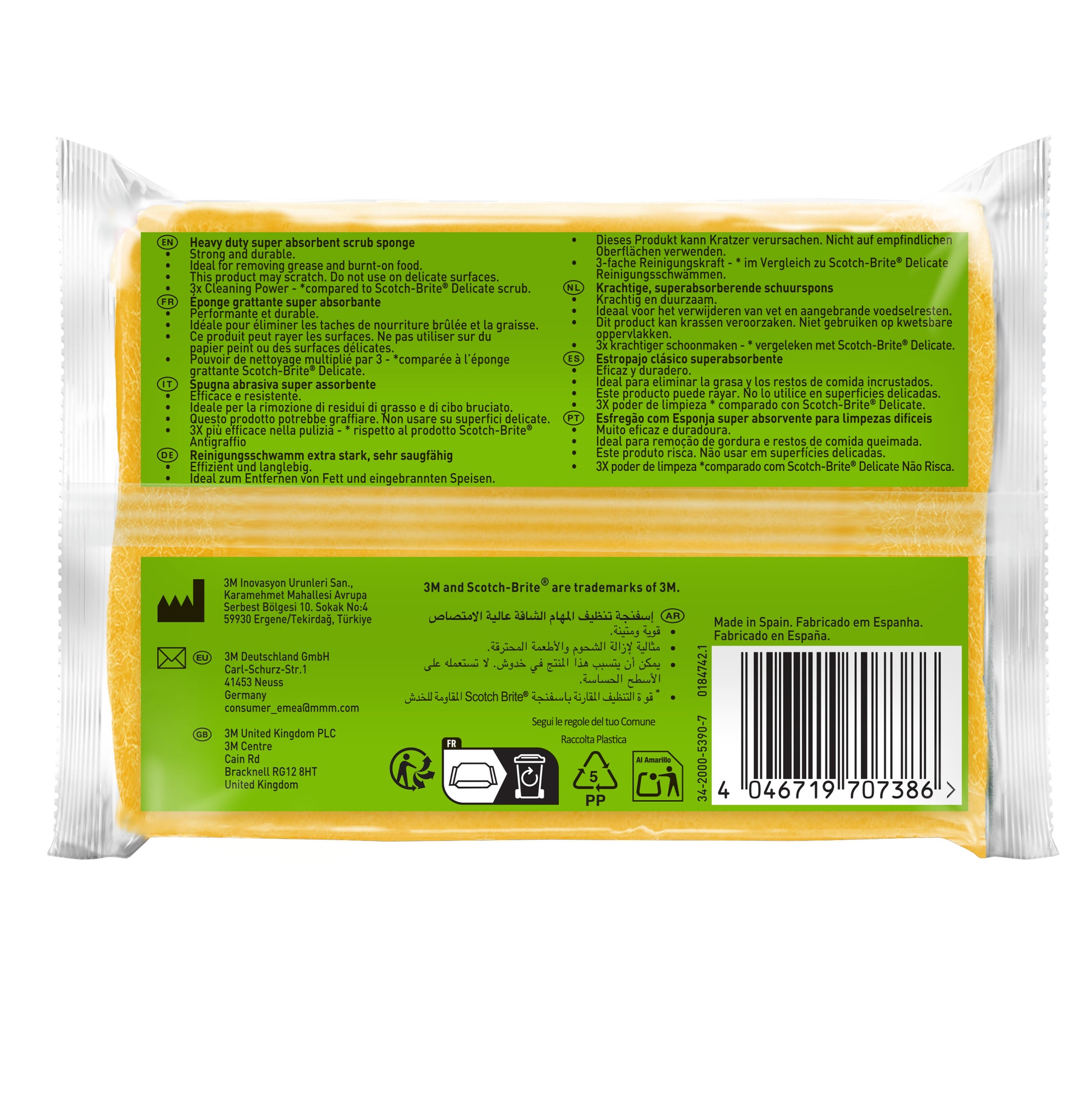 Eine Packung Scotch-Brite® Classic Reinigungsschwamm gelb und grün der 3M Deutschland GmbH ist mit mehrsprachigen Hinweisen, Recyclingsymbolen, Produktinfos und einem Barcode auf der rechten Seite der Verpackung versehen.